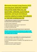 Minnesota Assisted Living Director &lpar;ALD&rpar; &NewLine;Licensing Exam 2026&sol;2027 NEWEST &NewLine;EVALUATED EXAM PRACTICE 250 &NewLine;QUESTIONS &vert;ORIGINAL QUESTIONS & &NewLine;ANSWERS &vert;DETAILED RATIONALES &NewLine;&vert;HINTED COMPLETE EXAM PREP GRADED &NewLine;A&plus;&ast;INSTANT DOWNLOAD PDF 