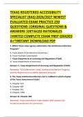 TEXAS REGISTERED ACCESSIBILITY &NewLine;SPECIALIST &lpar;RAS&rpar; 2026&sol;2027 NEWEST &NewLine;EVALUATED EXAM PRACTICE 250 &NewLine;QUESTIONS &vert;ORIGINAL QUESTIONS & &NewLine;ANSWERS &vert;DETAILED RATIONALES &NewLine;&vert;HINTED COMPLETE EXAM PREP GRADED &NewLine;A&plus;&ast;INSTANT DOWNLOAD PDF 