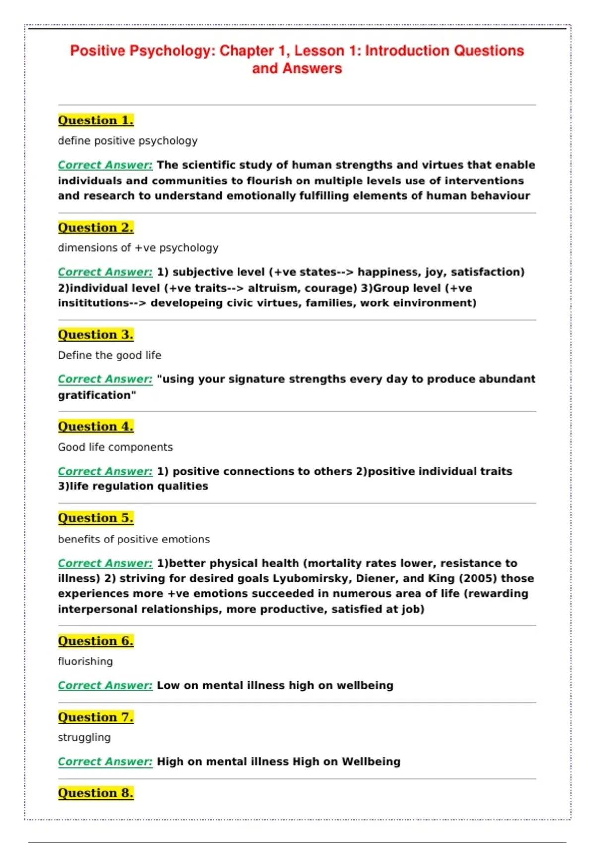 Itoduction Example Positive Psychology: Chapter 1, Lesson 1: Introduction Questions and ...