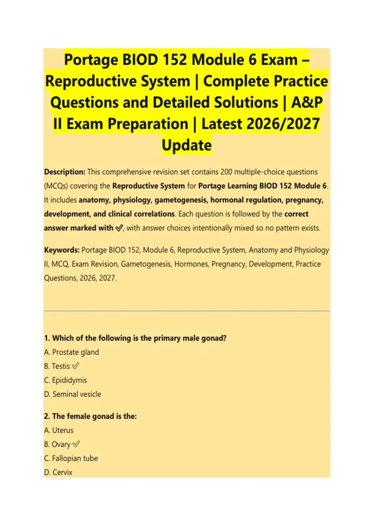 Portage BIOD 152 Module 6 Exam – Reproductive System | Complete ...