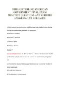 STRAIGHTERLINE AMERICAN&NewLine;GOVERNMENT FINAL EXAM&NewLine;PRACTICE QUESTIONS AND VERIFIED&NewLine;ANSWERS JUST RELEASED&period;