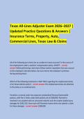  &NewLine;Texas All-Lines Adjuster Exam 2026&ndash;2027 &vert; &NewLine;Updated Practice Questions & Answers &vert; &NewLine;Insurance Terms&comma; Property&comma; Auto&comma; &NewLine;Commercial Lines&comma; Texas Law & Claims &NewLine;   &NewLine;