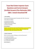 Texas Real Estate Inspector Exam Questions and Correct Answers &lpar;Verified Answers&rpar; Plus Rationales 2026 Q&A &vert; Instant Download Pdf