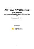 ATI TEAS 7 Practice Test&NewLine;Exam questions and aswers Reading&comma; Math&comma;nxScience&comma; English