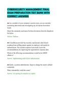 CYBERSECURITY MANAGEMENT FINAL&NewLine;EXAM PREPARATION TEST BANK WITH&NewLine;CORRECT ANSWERS&NewLine;