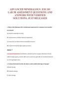 ADVANCED MINERALOGY&colon; ESS 101&NewLine;LAB 3B ASSESSMENT QUESTIONS AND&NewLine;ANSWERS WITH VERIFIED&NewLine;SOLUTIONS&period; JUST RELEASED