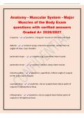 Anatomy - Muscular System - Major&NewLine;Muscles of the Body Exam&NewLine;questions with verified answers&NewLine;Graded A&plus; 2026&sol;2027&NewLine;trapezius - posterior&comma; triangular muscle on the neck and back&NewLine;deltoid - anterior wraps around to posterior&comma; visible from all&NewLine;angles of vie