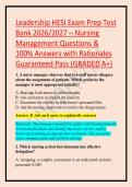 Leadership HESI Exam Prep Test Bank Nursing Management 2026&sol;2027 is a study resource containing exam-style practice questions&comma; answers&comma; and detailed rationales covering essential nursing leadership and management concepts&period; The material addresses delegatio