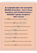  ELSEVIER HESI TOP 300 RAPID&NewLine;REVIEW &lpar;Final Deck &ndash; Part 1&rpar; Exam&NewLine;Questions with Verified Answers &vert;&NewLine;2026&sol;2027 Update&vert; Graded A&plus;&NewLine;100&percnt; Correct&NewLine;ABCs -Airway before Breathing before Circulation&period;&NewLine;Airway Obstruction -Always the highest priority&period;&NewLine;Least Restr