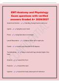 EMT-Anatomy and Physiology&NewLine;Exam questions with verified&NewLine;answers Graded A&plus; 2026&sol;2027&NewLine;Anatomical Position - Standing&comma; facing forward&comma; palms out&NewLine;Supine - lying face up on back&NewLine;Prone - lying face down on stomach&NewLine;Lateral Recumbent - lying on either left 