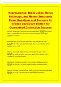 Neuroscience&colon; Brain Lobes&comma; Nerve&NewLine;Pathways&comma; and Neural Structures&NewLine;Exam Questions and Answers A&plus;&NewLine;Graded 2026&sol;2027 Edition for&NewLine;Guaranteed Distinction Success&NewLine;What is the primary function of the frontal lobe&quest; -The frontal&NewLine;lobe is responsible for volunta