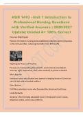 NUR 1410 - Unit 1 Introduction to&NewLine;Professional Nursing Questions&NewLine;with Verified Answers &vert; 2026&sol;2027&NewLine;Update&vert; Graded A&plus; 100&percnt; Correct&NewLine;Florence Nightingale&NewLine;Pioneer of modern nursing who established infection control practices&NewLine;in the Crimean War&comma; reducing