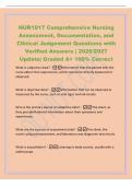 NUR1017 Comprehensive Nursing&NewLine;Assessment&comma; Documentation&comma; and&NewLine;Clinical Judgement Questions with&NewLine;Verified Answers &vert; 2026&sol;2027&NewLine;Update&vert; Graded A&plus; 100&percnt; Correct&NewLine;What is subjective data&quest; -Information that the patient tells the&NewLine;nurse about their experiences