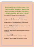Nursing History&comma; Roles&comma; and Core&NewLine;Concepts for Students Questions&NewLine;with Verified Answers &vert; 2026&sol;2027&NewLine;Update&vert; Graded A&plus; 100&percnt; Correct&NewLine;Florence Nightingale -Founder of modern nursing&NewLine;Nursing Definition -Defined as both an art and a science&NewLine;Nursing Educat