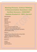 Nursing Process&comma; Critical Thinking&NewLine;& Documentation Questions with&NewLine;Verified Answers &vert; 2026&sol;2027&NewLine;Update&vert; Graded A&plus; 100&percnt; Correct&NewLine;ADPIE PROCESS&NewLine;assessment&NewLine;diagnosis&NewLine;planning&NewLine;implementation&NewLine;evaluation&NewLine;Assessment&NewLine;collect subjective & objective data&NewLine;