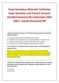 Texas Hazardous Materials Technician Exam Questions and Correct Answers &lpar;Verified Answers&rpar; Plus Rationales 2026 Q&A &vert; Instant Download Pdf