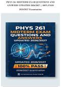 PHYS 261 MIDTERM EXAM QUESTIONS AND&NewLine;ANSWERS UPDATED 2026&sol;2027 &vert; 100&percnt; PASS&NewLine;2026&sol;2027 Examination