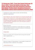 TX-Brokerage &lpar;SAE&rpar;&comma; Texas Real Estate Brokerage 30 &NewLine;Hours 2026&comma; Texas real estate brokerage&comma; Real &NewLine;Estate&colon; Brokerage Final Exam Questions&sol;Answers&comma; &NewLine;Real Estate&colon; Practice Exam &lpar;Questions&sol;Answers&rpar;&comma; &NewLine;Real Estate&colon; Agency Exam Questions&sol;Answers&comma; Real