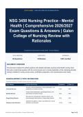 NSG 3450 Nursing Practice - Mental Health - Comprehensive 2026&sol;2027 Exam Questions & Answers - Galen College of Nursing Review with Rationales