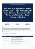 NSG 3450 Nursing Practice - Mental Health Exam 1 - High-Yield 2026&sol;2027 Exam Questions & Answers - Latest Review with Rationales - Galen College of Nursing