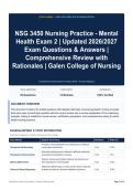 NSG 3450 Nursing Practice - Mental Health Exam 2 - Updated 2026&sol;2027 Exam Questions & Answers - Comprehensive Review with Rationales - Galen College of Nursing