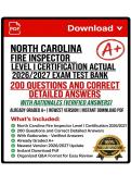 North Carolina Fire Inspector Level I Certification ACTUAL&NewLine;2026&sol;2027 EXAM TEST BANK 200 QUESTIONS AND&NewLine;CORRECT DETAILED ANSWERS WITH RATIONALES&NewLine;&lpar;VERIFIED ANSWERS&rpar; &vert;ALREADY GRADED A&plus;&vert;&vert;NEWEST&NewLine;VERSION Instant Download Pdf