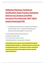 Alabama Pharmacy Technician &NewLine;Certification Exam Practice Questions &NewLine;And Correct Answers &lpar;Verified &NewLine;Answers&rpar; Plus Rationale 2027 Q&A&vert; &NewLine;Instant Download Pdf&period;