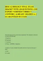 HESI A2 BIOLOGY FINAL EXAM &NewLine;2026&sol;2027 WITH 120 QUESTIONS AND &NewLine;EXPERT-VERIFIED CORRECT &NewLine;ANSWERS &vert; ALREADY GRADED A&plus; &vert; &NewLine;GUARANTEED SUCCESS 