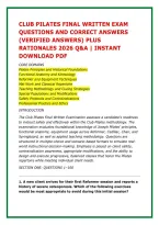 CLUB PILATES FINAL WRITTEN EXAM &NewLine;QUESTIONS AND CORRECT ANSWERS &NewLine;&lpar;VERIFIED ANSWERS&rpar; PLUS &NewLine;RATIONALES 2026 Q&A &vert; INSTANT &NewLine;DOWNLOAD PDF