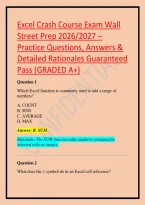 Excel Crash Course Exam Wall Street Prep 2026&sol;2027 &ndash; Practice Questions&comma; Answers & Detailed Rationales Guaranteed Pass &lpar;GRADED A&plus;&rpar;