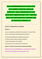HESI COMPREHENSIVE EXIT EXAM &lpar;2026-&NewLine;2027&rpar; NEWEST UPDATED COMPLETE&NewLine;APPROVED  HESI COMPREHENSIVE EXIT&NewLine;EXAM WITH PREMIUM EXAM TYPE - ORIGINAL&NewLine;PRACTICE QUESTIONS WITH ANSWERS AND&NewLine;RATIONALES&vert; CURRENTLY &num;