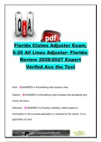 Florida 6-20 All-Lines Claims Adjuster Exam 2026&sol;2027 &ndash; Questions & Answers on PIP&comma; Auto&comma; Property&comma; Liability&comma; Claims & Florida Insurance Law