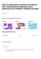 HEALTH ASSESSMENT &lpar;CLEMSON UNIVERSITY&rpar;&colon; TEST 1 SAMPLE&sol;REVIEW 2026 REAL EXAM QUESTIONS WITH EXPERTLY VERIFIED ANSWERS