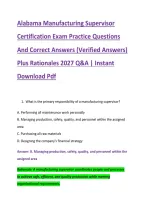 Alabama Manufacturing Supervisor &NewLine;Certification Exam Practice Questions &NewLine;And Correct Answers &lpar;Verified Answers&rpar; &NewLine;Plus Rationales 2027 Q&A &vert; Instant &NewLine;Download Pdf 