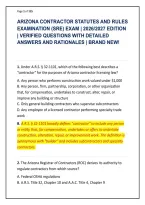 ARIZONA CONTRACTOR STATUTES AND RULES &NewLine;EXAMINATION &lpar;SRE&rpar; EXAM &vert; 2026&sol;2027 EDITION &NewLine;&vert; VERIFIED QUESTIONS WITH DETAILED &NewLine;ANSWERS AND RATIONALES &vert; BRAND NEW&excl;