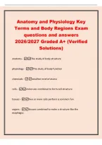 Anatomy and Physiology Key&NewLine;Terms and Body Regions Exam&NewLine;questions and answers&NewLine;2026&sol;2027 Graded A&plus; &lpar;Verified&NewLine;Solutions&rpar;&NewLine;anatomy -The study of body structure&NewLine;physiology -The study of body funct