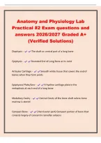 Anatomy and Physiology Lab&NewLine;Practical &num;2 Exam questions and&NewLine;answers 2026&sol;2027 Graded A&plus;&NewLine;&lpar;Verified Solutions&rpar;&NewLine;Diaphysis - The shaft or central part of a long bone&NewLine;Epiphysis - Rounded End of Long Bone at its Joint&NewLine;Articular Cartilage - Smooth white tis