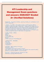 ATI Leadership and&NewLine;Management Exam questions&NewLine;and answers 2026&sol;2027 Graded&NewLine;A&plus; &lpar;Verified Solutions&rpar;&NewLine;Management - The process of planning&comma; organizing&comma; directing&comma; and coordinating the work&NewLine;within an organization&period;&NewLine;Leadership - The ability to inspire othe