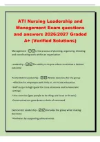 ATI Nursing Leadership and&NewLine;Management Exam questions&NewLine;and answers 2026&sol;2027 Graded&NewLine;A&plus; &lpar;Verified Solutions&rpar;&NewLine;Management -is the process of planning&comma; organizing&comma; directing&NewLine;and coordinating work within an organization&NewLine;Leadership -The ability to inspire o
