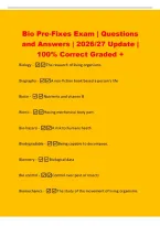 Bio Pre-Fixes Exam &vert; Questions&NewLine;and Answers &vert; 2026&sol;27 Update &vert;&NewLine;100&percnt; Correct Graded &plus;&NewLine;Biology -The research of living organisms&period;&NewLine;Biography -A non-fiction book based a person's life&NewLine;Biotin -Nutrients and vitamin B&NewLine;Bionic -Having mechanical body 