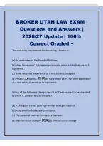 BROKER UTAH LAW EXAM &vert;&NewLine;Questions and Answers &vert;&NewLine;2026&sol;27 Update &vert; 100&percnt;&NewLine;Correct Graded &plus;&NewLine;The statutory requirement for becoming a broker is&colon;&NewLine;&lpar;a&rpar; Be a member of the Board of Realtors&period;&NewLine;&lpar;b&rpar; Have three years' full-time experience as a real estate li