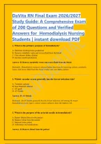 DaVita RN Final Exam 2026&sol;2027 Study Guide&colon; A Comprehensive Exam of 200 Questions and Verified Answers for  Hemodialysis Nursing Students &vert; instant download PDF