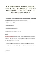 NUR 2459 MENTAL HEALTH NURSING&NewLine;FINAL EXAM PREPARATION &lpar;VERIFIED&NewLine;AND CORRECT Q & A&rpar; SATISFACTION&NewLine;GUARANTEED 2026&sol;2027
