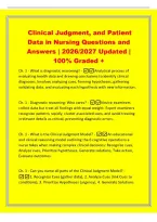 Clinical Judgment&comma; and Patient&NewLine;Data in Nursing Questions and&NewLine;Answers &vert; 2026&sol;2027 Updated &vert;&NewLine;100&percnt; Graded &plus;&NewLine;Ch&period; 1 - What is diagnostic reasoning&quest; - Analytical process of&NewLine;evaluating health data and drawing conclusions to identify clinical&NewLine;diagnoses&period; Inv