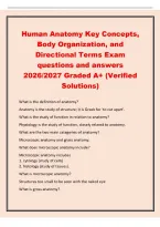 Human Anatomy Key Concepts&comma;&NewLine;Body Organization&comma; and&NewLine;Directional Terms Exam&NewLine;questions and answers&NewLine;2026&sol;2027 Graded A&plus; &lpar;Verified&NewLine;Solutions&rpar;&NewLine;What is the definition of anatomy&quest;&NewLine;Anatomy is the study of structure&semi; it is Greek for 'to cut apart