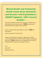 Mental Health and Community&NewLine;Health Issues Exam Questions&NewLine;and Answers with Explanations &vert;&NewLine;2026&sol;27 Updated &vert; 100&percnt; Correct&NewLine;Graded &plus;&NewLine;You have an important exam next week and are very worried about it&period;&NewLine;What should you do to ease the stress&quest; -Spend less t