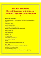 Nur 102 final exam&NewLine;&lpar;theory&rpar; Questions and Answers &vert;&NewLine;2026&sol;2027 Updated &vert; 100&percnt; Graded&NewLine;&plus;&NewLine;WHY DO WE HAVE LAWS&NewLine;to regulate society&semi; to protect people&semi; to enforce rights and to solve&NewLine;conflicts&NewLine;PURPOSE OF LAWS&NewLine;Protect clients&sol;society&NewLine;Define scope of nur