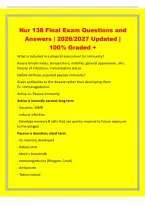 Nur 138 Final Exam Questions and&NewLine;Answers &vert; 2026&sol;2027 Updated &vert;&NewLine;100&percnt; Graded &plus;&NewLine;What is included in a physical assessment for immunity&quest;&NewLine;Assess lymph nodes&comma; temperature&comma; mobility&comma; general appearance&comma; skin&comma;&NewLine;history of infections&comma; immunization status&NewLine;Defi