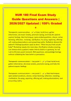 NUR 180 Final Exam Study&NewLine;Guide Questions and Answers &vert;&NewLine;2026&sol;2027 Updated &vert; 100&percnt; Graded&NewLine;&plus;&NewLine;Therapeutic communication - Goal&colon; build trust&comma; gather&NewLine;information&comma; decrease anxiety&comma; promote coping&comma; and help the patient&NewLine;express feelings&period; Best techniques&colon; ope