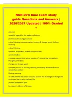NUR 201&colon; final exam study&NewLine;guide Questions and Answers &vert;&NewLine;2026&sol;2027 Updated &vert; 100&percnt; Graded&NewLine;&plus;&NewLine;altruism&NewLine;unselfish regard for the welfare of others&NewLine;professional nursing processes&NewLine;critical thinking&comma; communication&comma; change & change agent&comma; lifelong&NewLine;learning